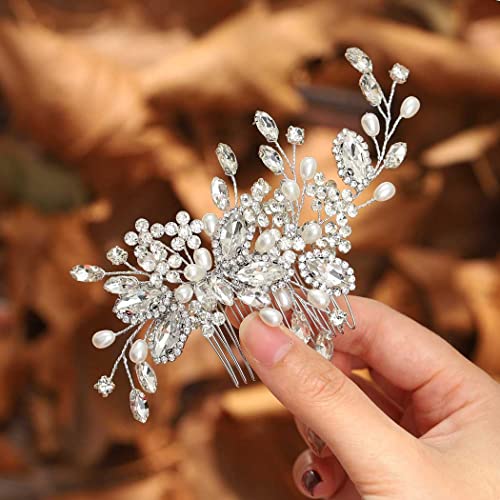 Casdre Crystal Bride Wedding Hair Comb Pearl Bridal Hair Piece Hair Accessories for Women and Girls (A Silver)