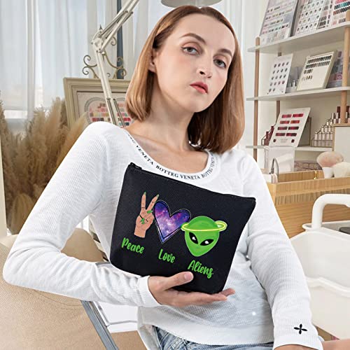 LEVLO Funny Alien Cosmetic Bag Alien Lover Gift Peace Love Alien Makeup Zipper Pouch Bag UFO ET Fans Gift (Peace Alien Black)