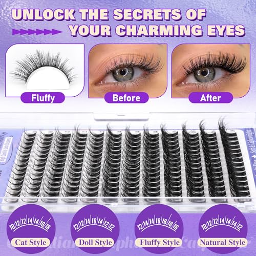 Calphdiar Lash Clusters Fluffy Eyelash Clusters Wispy Cluster Eyelash Extensions 10-18mm CC Curl Individual Lashes Clusters DIY Lash Extension 192pcs Natural Cluster Lashes Extension at Home