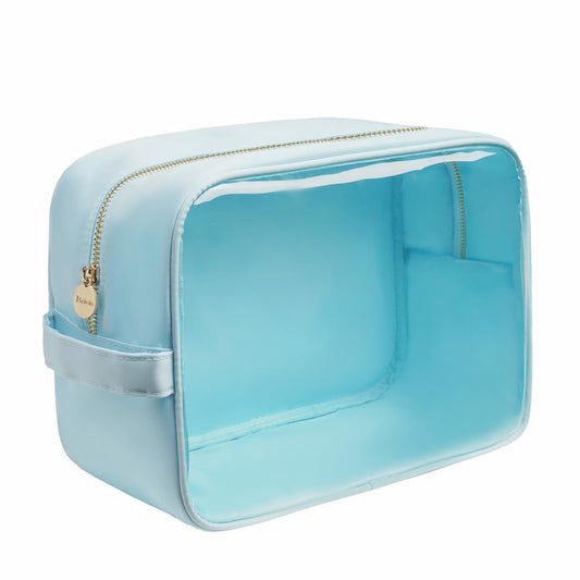 Bricte Extra Large Preppy Transparent Makeup Pouch Women Travel Clear TPU and Nylon Cosmetic Pouch (Extral-Large, Ice Blue)