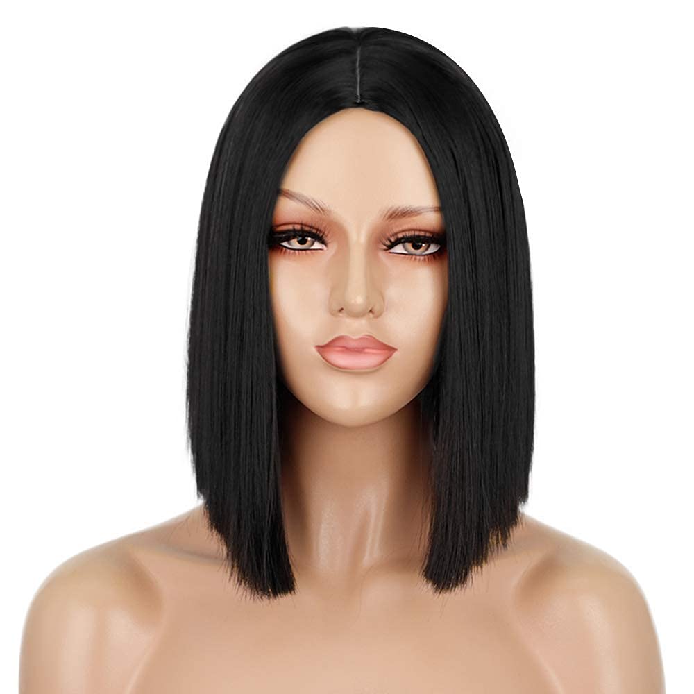 ENTRANCED STYLES Short Black Wigs for Women, Straight Bob Wigs for Girls Heat Resistant Synthetic Wigs 12 Inch Middle Part Hair Wigs for Halloween Cosplay Costume Party