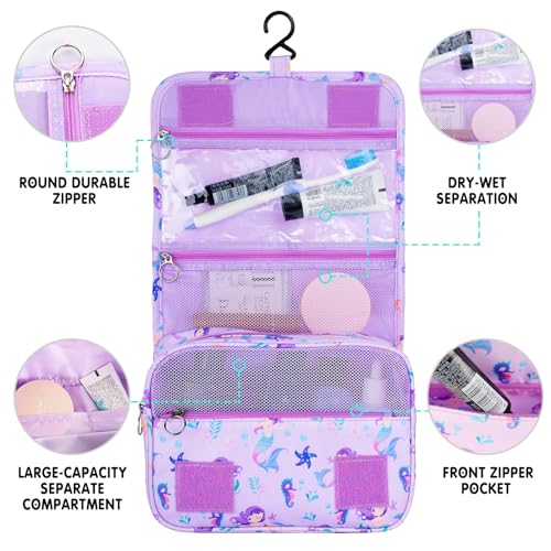 Vipdeal Kids Hanging Toiletry Bag for Girls, Travel Toiletry Bag for Little Young Girls Cosmetic Makeup Waterproof Wash Bag Toddler Traveling Toiletries, Mermaid Purple