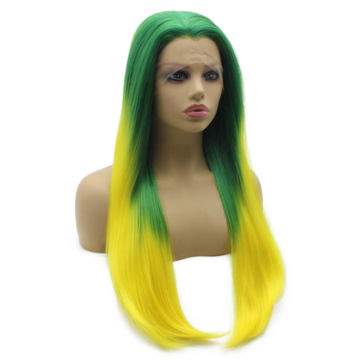 iwonawig Long Green Yellow Ombre Synthetic Lace Front Hair Wig Straight Halloween Party Wig