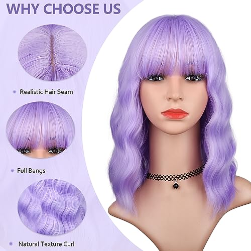 HAIRUP Lavender Wig with Bangs for Women, Short Wavy Curly Bob Wig Light Purple Wigs 14 Inch Shoulder Length Colored Pastel Purple Wig Daily Party Cosplay Wigs