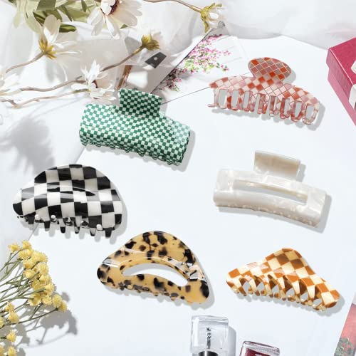 BOWEAR 6 PCS Checkered Hair Clips Black and White Checkered Claw Vintage Large Hair Jaw Strong Clip Claws Butterfly Lattice Amber Hair Barrettes for Women Girl Thin Thick Curly Straight Long Hair