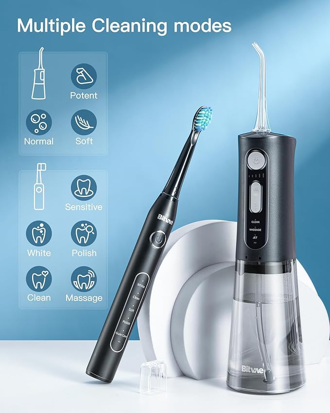 Bitvae R2 Rotating Electric Toothbrush for Adult, 5 Modes Rechargeable Power Toothbrush ＆ Water Flosser and Electric Toothbrush Combo Bundle, 3 Modes Rechargeable Water for Adult, White