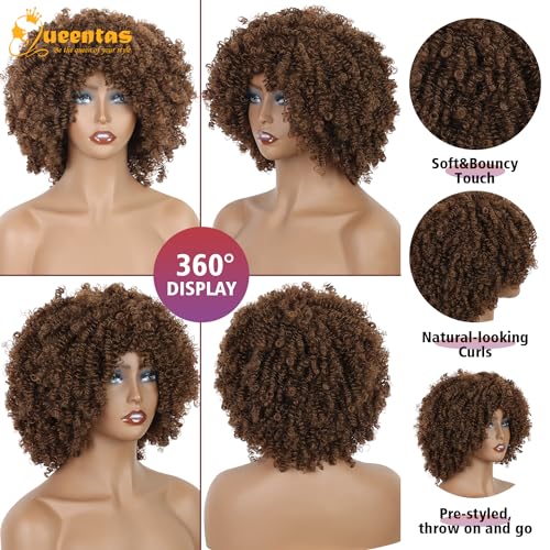 QUEENTAS Curly Afro Wigs for Women Disco Wigs 70's for Women Brown Afro Wig Synthetic Hair (Brown)