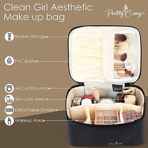 Pretty Comy Cosmetic Bags for Women, 2 PCS Makeup Bags for Women, Travel Makeup Bag Portable Makeup Organizer with Adjustable Dividers for Cosmetics Makeup Brushes, Best Gift for Your Dear(Black)