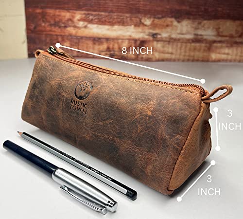 Rustic Town Leather Pencil Case - Full Grain Leather Zippered Pen Pouch - Stationery Bag Pen Holder for Work & Office, Brown, M, Bag Organiser