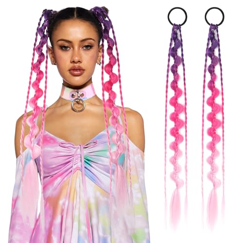 Colored Hair Extensions, Behufun 2Pcs Lightweight Colored Hair Extensions for Kids, Hair Accessories for Girls, 24" Ombre Crazy Hair Day Accessories for Girls Festival Rave Hair E3