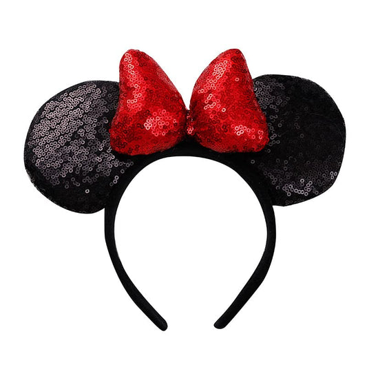 YOVECATHOU Mouse Deluxe Ear Bow Headbands Sequins Hairbands Women Hair Accessories For Cosplay Costume Party (Black Red)