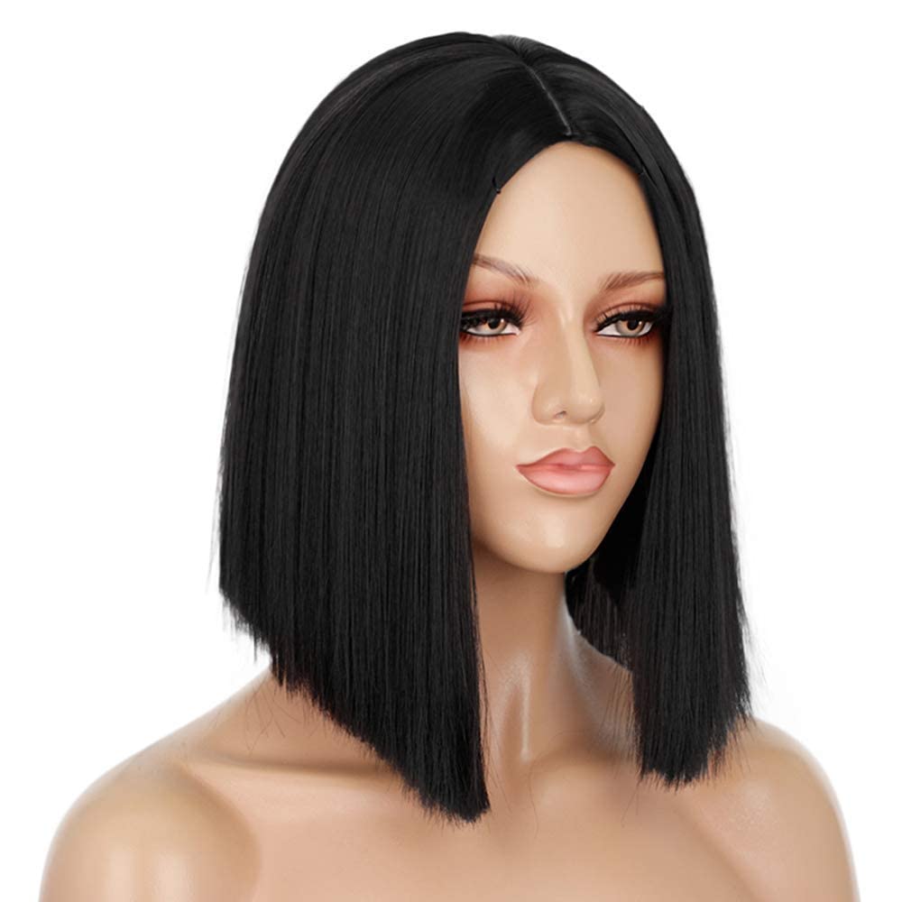 ENTRANCED STYLES Short Black Wigs for Women, Straight Bob Wigs for Girls Heat Resistant Synthetic Wigs 12 Inch Middle Part Hair Wigs for Halloween Cosplay Costume Party