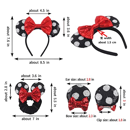 zhezesmila Shiny Mouse Ears Headband and Hair Clips, Glitter Party Princess Decoration with Red Bow Hair Accessories for Girls Women Adult Kids Birthday Party(black&white&red)