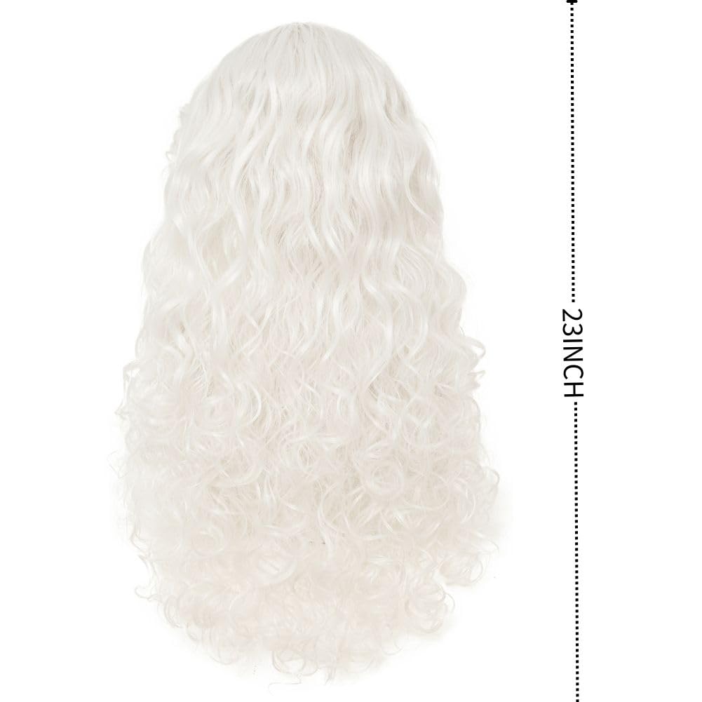 Tseses White Long Curly Wigs for Women Middle Part with Bangs Natural Synthetic Princess Hair Wig for Cosplay