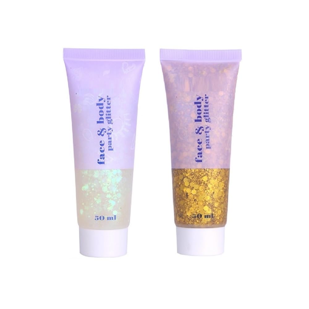 2 Pcs Face and Body Glitter, Concert Outfit Glow Party, Nail and Hair Glitter Festival Rave Highlighter Makeup. (02-Gold & 06-White Moonbeam)