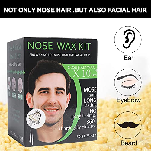 Nose Wax Kit Men, Nose Waxing Hair Wax Removal for Men Women, Nose Hair Waxing Kit For Men Ear Hair Waxing Kit Nose Hair Removal Kit for 50g Wax Beads 20 Applicators 10 Paper Cups 10 Mustache Guards