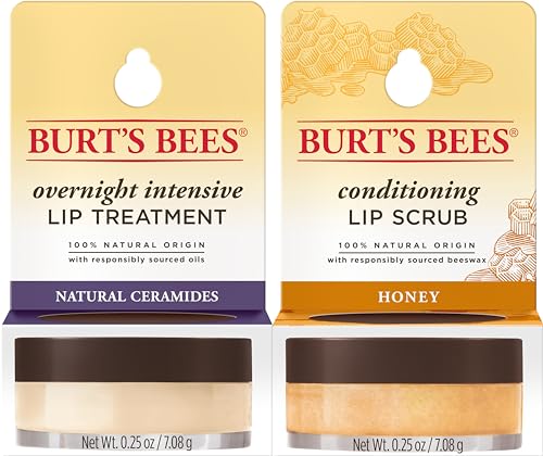 Burt’s Bees Conditioning Lip Scrub and Overnight Intensive Lip Treatment, With Ceramides, College Back to School Dorm Essentials, Exfoliates and Hydrates Lips 8 Hours, Natural Origin, 2 Jars, 0.25 oz