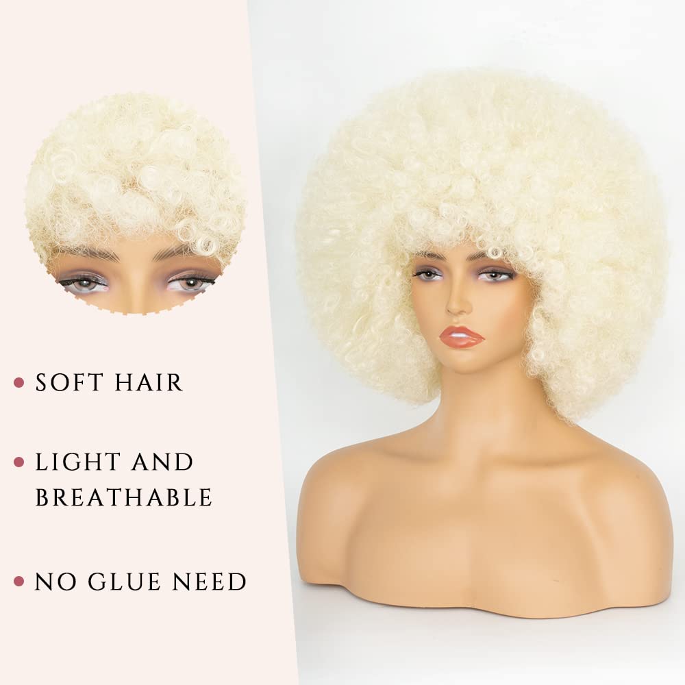 70's Afro Wig for Women, Platinum Blonde Short Afro Kinky Curly Wig, Glueless Synthetic Wig with Bangs, Puffy & Fluffy Bouncy Afro Wig for Daily Cosplay Party