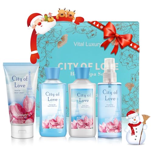 Vital Luxury Bath & Body Kit, 3 Fl Oz, Ideal Skincare Gift Home Spa Set, Includes Body Lotion, Shower Gel, Body Cream, and Fragrance Mist, Halloween, Christmas Gifts for Her and Him(City of Love)