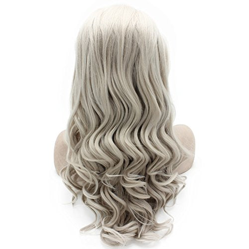 Mxangel Long Wavy Celebrity Lace Front Wig Half Hand Tied Heat Resistant Fiber Gray Lace Front Synthetic Hair Wig