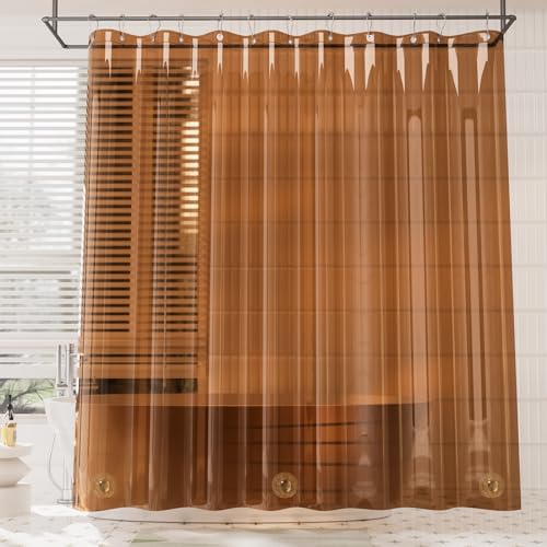 AmazerBath Premium EVA Shower Curtain Amber, Luxury Shower Curtain Clear Brown Jelly-Like Soft, Waterproof Clear Brown Shower Curtain with 3 Weighted Stones and 12 Grommets, Recyclable Packaging