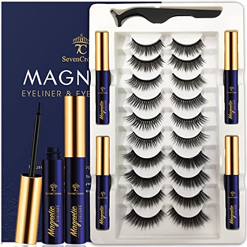 Magnetic Eyelashes with Eyeliner Kit - 7C SevenCrown Magnetic Lashes Natural Looking with Upgraded 4 Tubes of Magnetic Liner Waterproof, Long Lasting,10 Pairs Reusable Magnetic Eyelash Kit Easy to