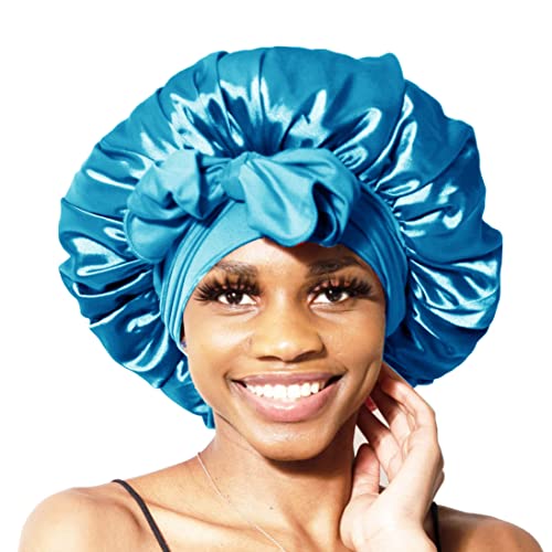 BONNET QUEEN Silk Bonnet for Sleeping Women Satin Bonnet Hair Bonnet Night Sleep Cap Scarf wrap for Curly Hair with tie Band Aqua