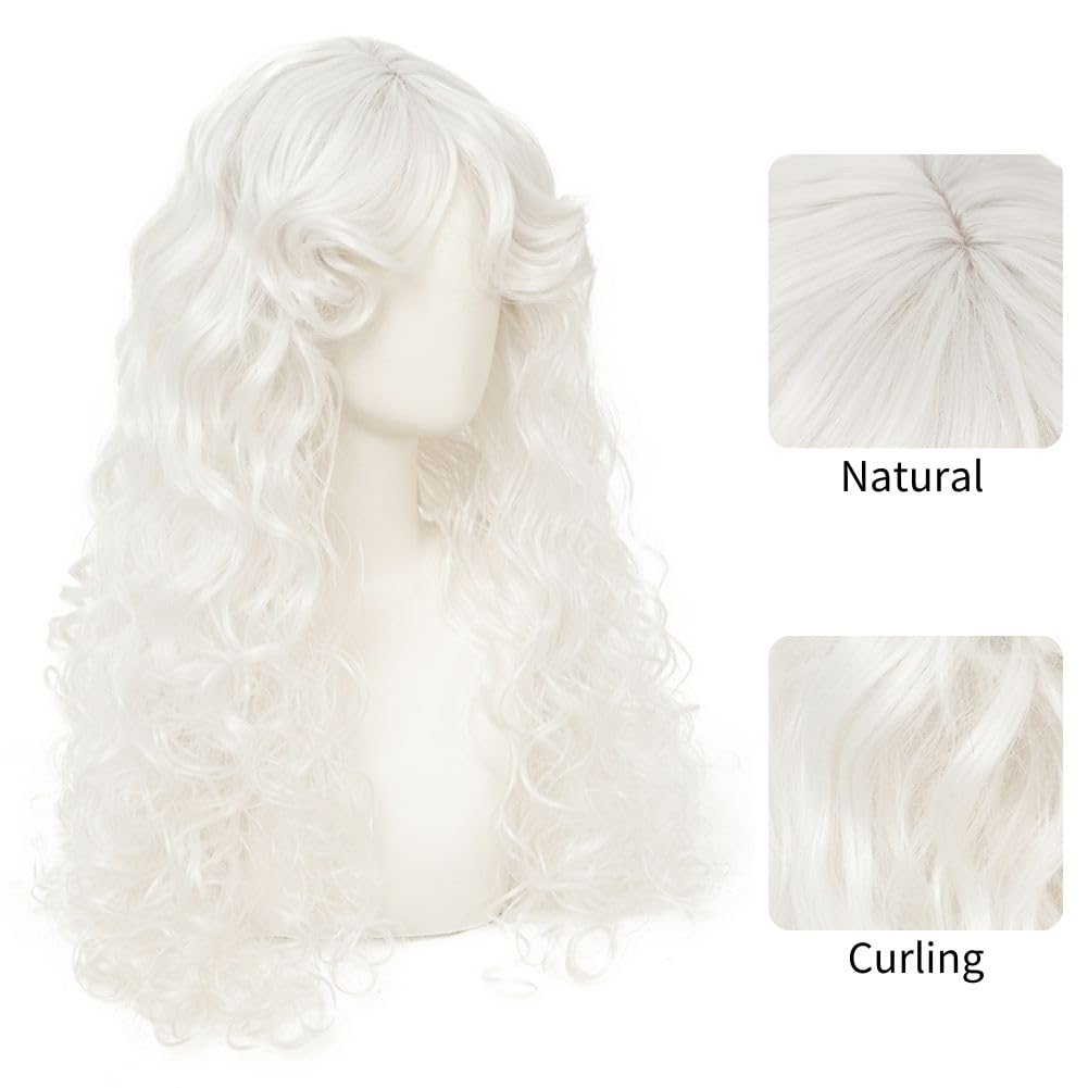 Tseses White Long Curly Wigs for Women Middle Part with Bangs Natural Synthetic Princess Hair Wig for Cosplay