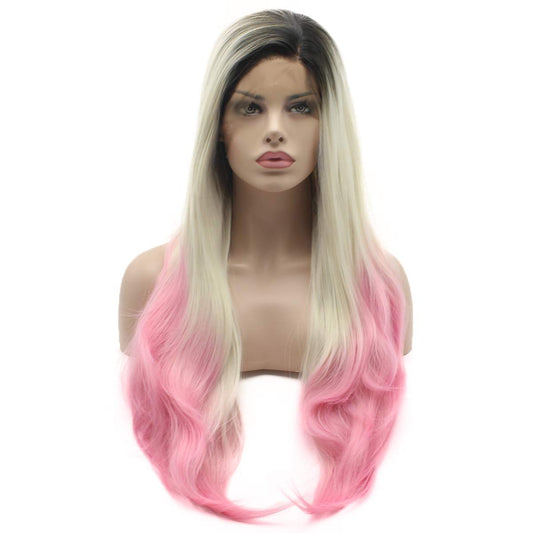 Lushy Straight Extra Long 28in Black Root Light Blonde Pink Ombre Wigs Heavy Density Heat Friendly Synthetic Lace Front Wigs