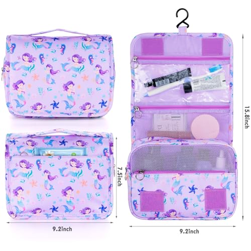 Vipdeal Kids Hanging Toiletry Bag for Girls, Travel Toiletry Bag for Little Young Girls Cosmetic Makeup Waterproof Wash Bag Toddler Traveling Toiletries, Mermaid Purple