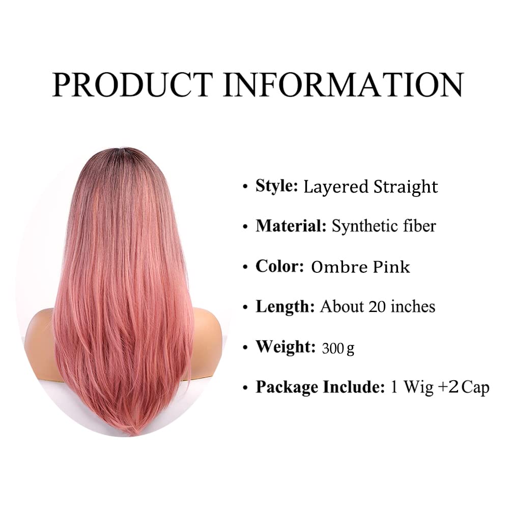 Haoland Pink Wig For Women Colored Wig with Bangs Synthetic Wavy Wig Heat Resistant Layered Wig For Halloween/Party/Cosplay