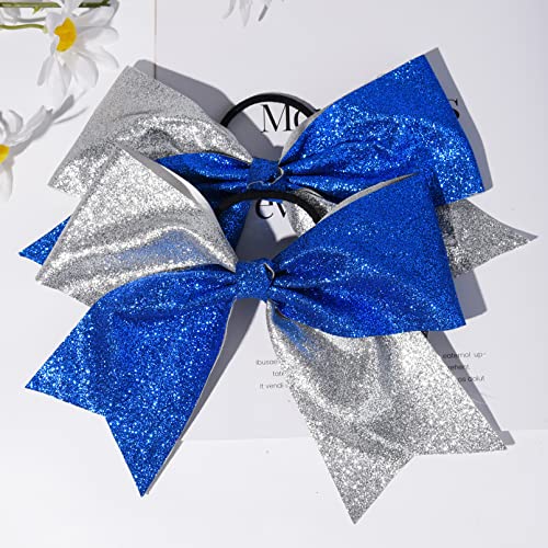 CEELGON Large Glitter Cheer Bows 12 PCS 8" Two Toned Ponytail Holder Girls Elastic Hair Ties for Teens Girls Softball Competition Sports Cheerleaders-Royal Blue/Silver