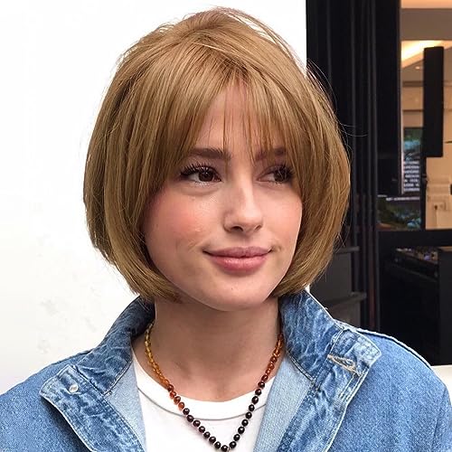 Creamily 10 Inch Strawberry Blonde Bob Wigs with Bangs Medium Length Blonde Straight Wigs Synthetic Hair Replacement Wig for Women Costume Cosplay Wigs