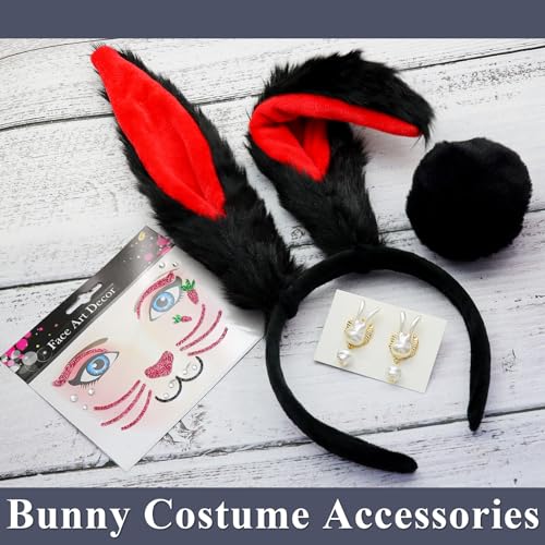 RechicGu 4 Pcs Halloween Bunny Costume Accessories Set Plush Bunny Ears Headbands Bunny Tail Rabbit Headwear Costume Hair Accessories for Women Party Prom Cosplay Easter Black Red