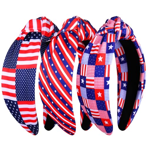 NVENF 3PCS 4th of July Headband for Women Red Blue USA Star Knotted Headband Crystal Patriotic Wide Top Knot Headband 4th of July Hair Accessories Outfits Gifts (3PCS Flag H)