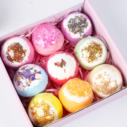 Primeauty 9PCS Bath Bomb Set Organic Lavender Bath Bombs Sets Spa Birthday Valentines Mothers Day Christmas Gift Baskets for Women Girl Her Relaxing Families-Flower 9PC