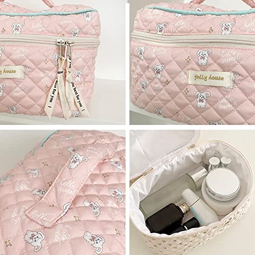 Cessfle Kawaii Cotton Makeup Bag Large Travel Cosmetic Bag Quilted Coquette Makeup Pouch Aesthetic Floral Toiletry Bag