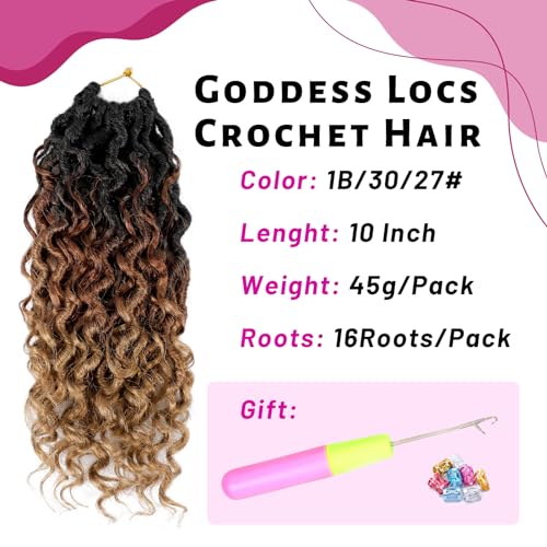 Goddess Locs Crochet Hair 10 Inch, 7 Packs Faux Locs Crochet Hair for Black Women, Boho Locs Crochet Braids Pre Looped River Locs Crochet Hair with Curly Ends (10 Inch 7 Packs, 1B/30/27)