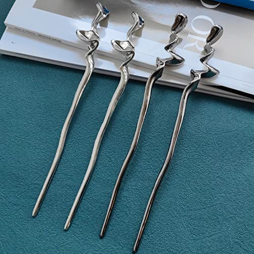 ZAYOIZY 4pcs Metal Hair Sticks Hair Bun Chopsticks Hair Pins Simple Sturdy Alloy Sticks for Women Long/Thick/Curly Hair, Silver&Black 6.7in