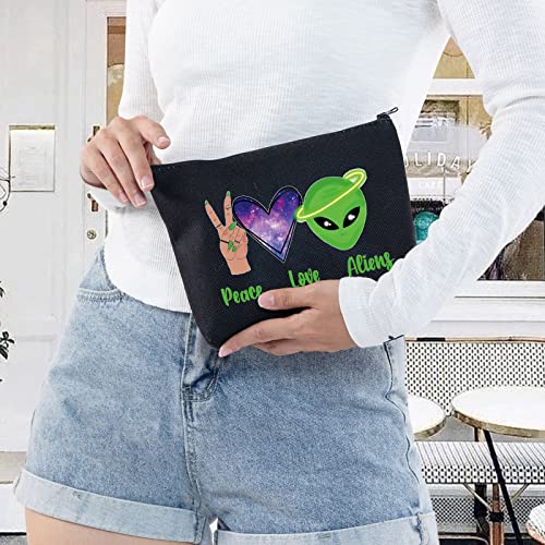 LEVLO Funny Alien Cosmetic Bag Alien Lover Gift Peace Love Alien Makeup Zipper Pouch Bag UFO ET Fans Gift (Peace Alien Black)