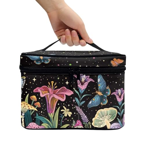 Biyejit Flowers Butterfly Makeup Bag Travel Make Up Organizer Cosmetic Brush Bags Case Protable Travel Zipper Pouch for Women Girls