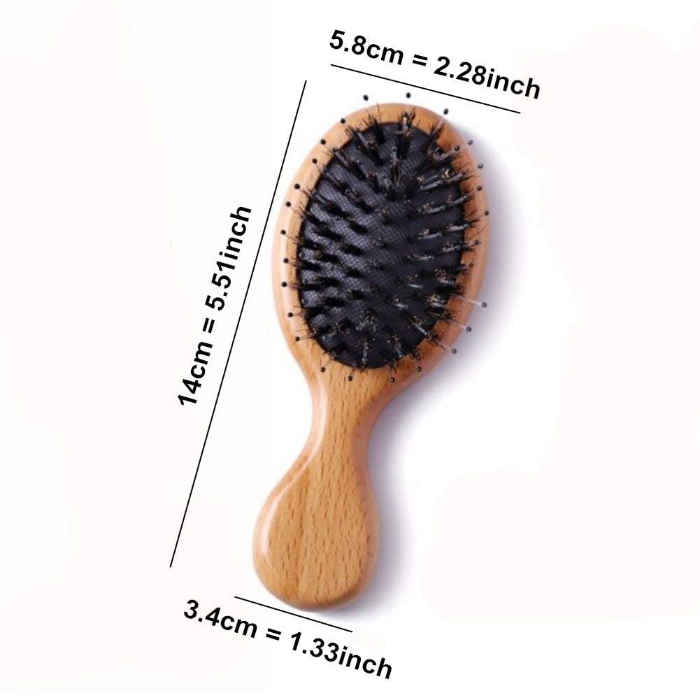 Hair Brush Mini Boar Bristle Hairbrush for Thick Thin Straight Curly Hair, 2 Pcs Natural Beech Wood Handle Cushion Massage Detangling Hair Brush for Men Women Gilrs Boys