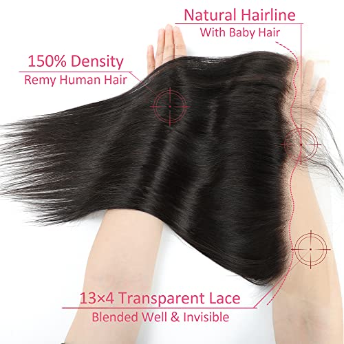 13×4 HD Lace Frontal, Straight Frontal HD Lace Ear to Ear Free Part Hand Tied 100% Virgin Remy Human Hair 150% Density Lace Frontal Pre Plucked with Baby Hair Natural Color (10 Inch)