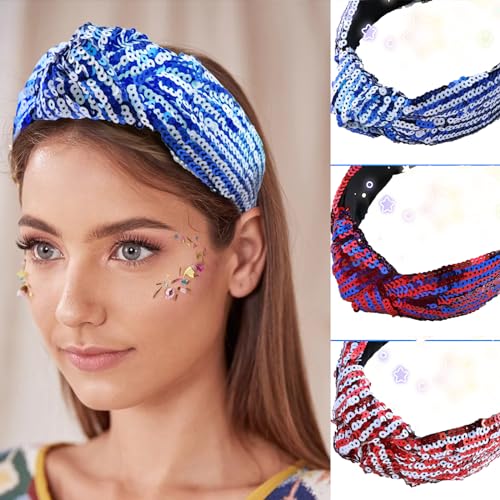 VHWMHEAD 4th of July Headbands - 4th of July Sequin Knotted Headbands for Women Girls Blue White Hairband Sparkly Wide Hair Bands Glitter Headband Patriotic Hair Accessories