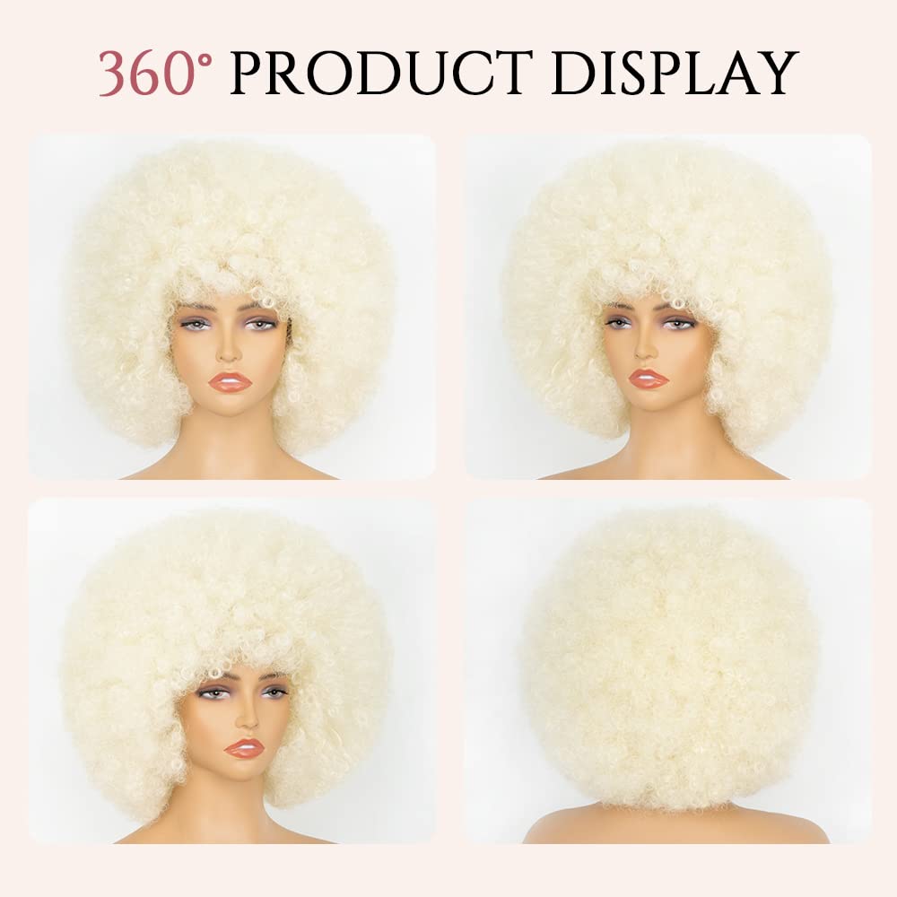 70's Afro Wig for Women, Platinum Blonde Short Afro Kinky Curly Wig, Glueless Synthetic Wig with Bangs, Puffy & Fluffy Bouncy Afro Wig for Daily Cosplay Party