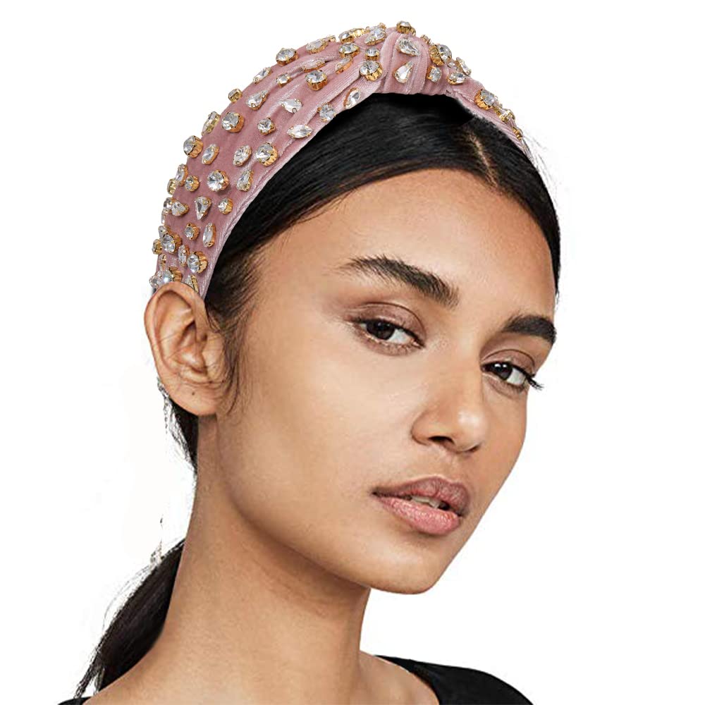 CENAPOG Rhinestone Knotted Headband for Women Sparkly Crystal Embellished Hairbands Twist Turban Headband Elastic Wide Velvet Hair Hoop Party Wedding Headwear for Girls (light-pink)