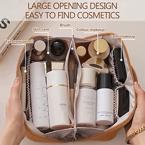 BAKLUCK Makeup Bag Leather Large Capacity Travel Cosmetic Bag Quilted Makeup Bag With Compartments Waterproof Portable Cosmetic Travel Bag for Women with Handle Brown Make up Bag