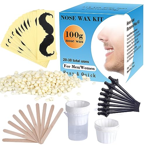 Nose Wax Kit, Auperwel Nose Ear Hair Instant Removal Kits 15-20 Times Usage, Nostril Waxing Kit for Men Women, Safe Easy Quick, 100g Wax, 20 Black Stcik Applicator, 15 Mustache Guards, 10pcs Paper Cup