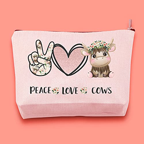 JXGZSO Cow Pattern Makeup Bag Peace Love Cows Cosmetic Bag With Zipper Cow Gift For Cow Lover Cattle Owner Animal Lover