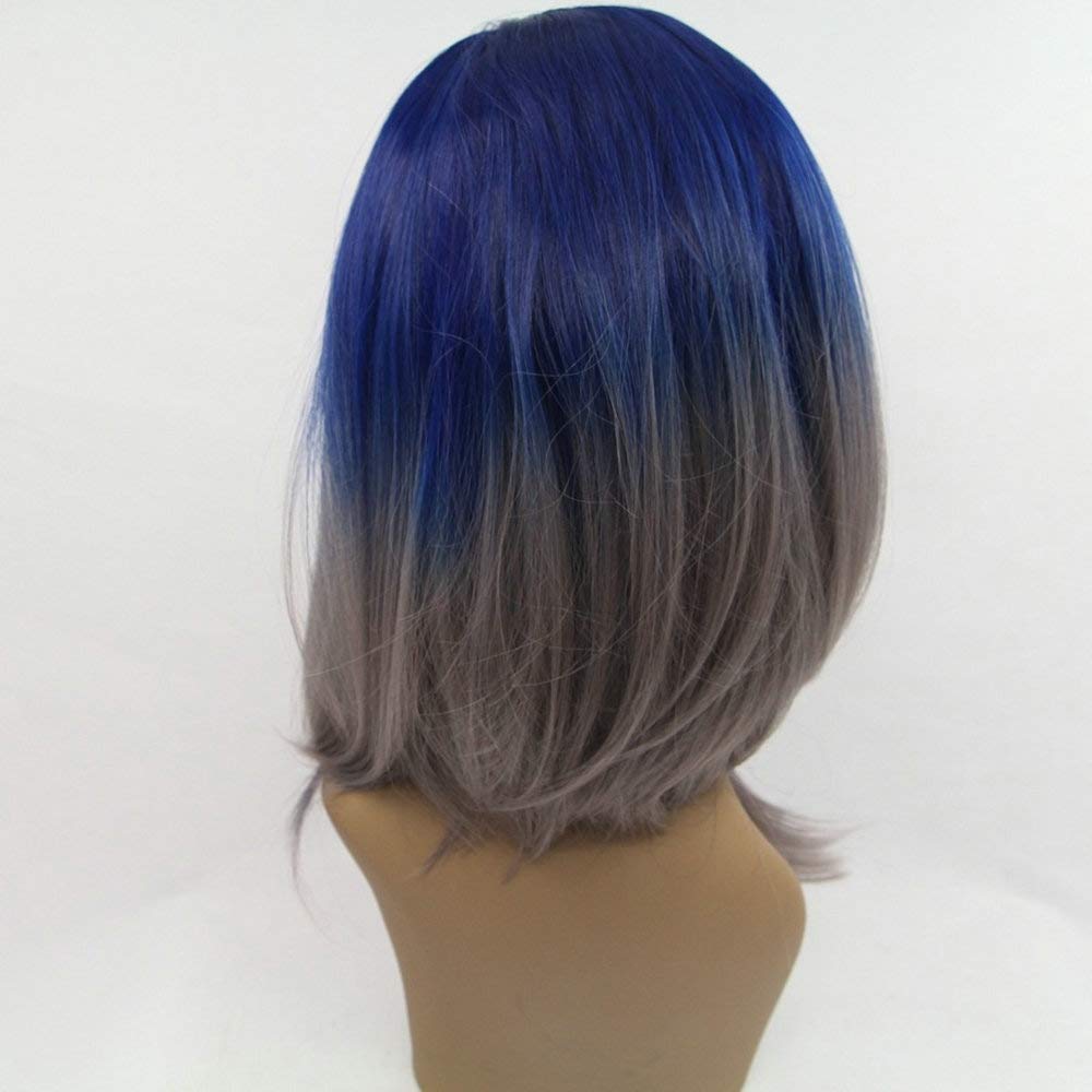 SERENEWIG 14Inches Sapphire Blue Ombre Grey Synthetic Lace Front Wigs for Women Shoulder Length Ladies Drag Queen Short Bob Wigs Summer Haircut for Daily Use Party Holiday Wedding